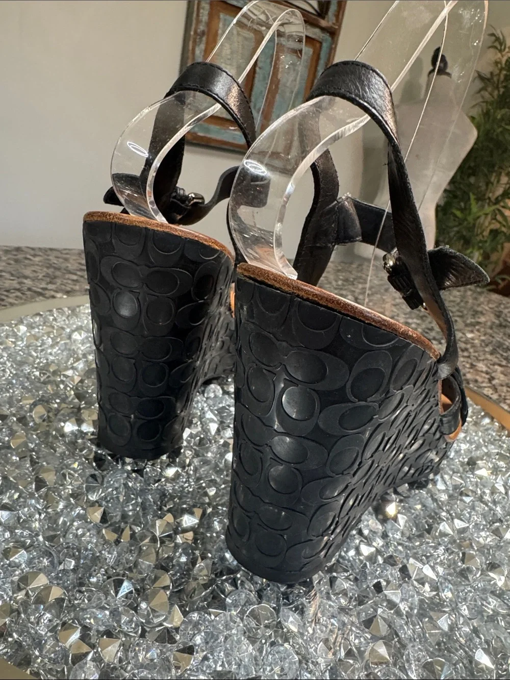 Coach Elize leather Black Logo-Embossed Wedge Sandals with Buckle Detail